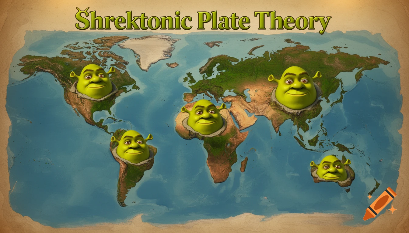 A whimsical world map with Shrek's face forming continents, titled 'Šhrektonic Plate Theory'.