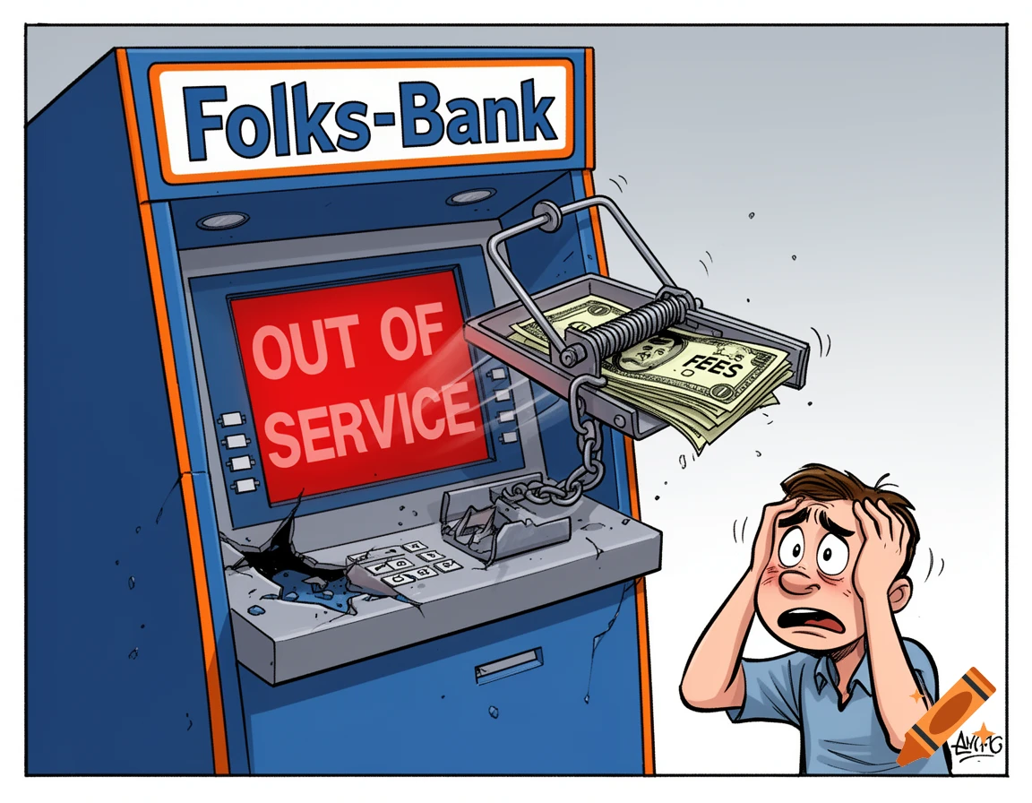 Satirical comic of a broken "Folks-Bank" ATM showing "OUT OF SERVICE", a mousetrap with "FEES" cash, and a frustrated person.