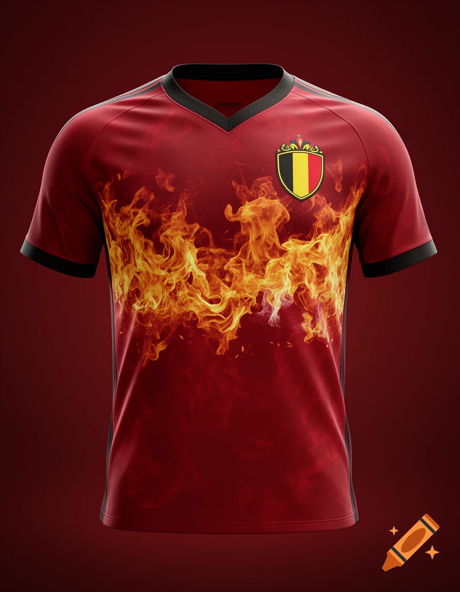 Red soccer jersey with a fiery print on the chest, featuring a Belgian flag emblem.