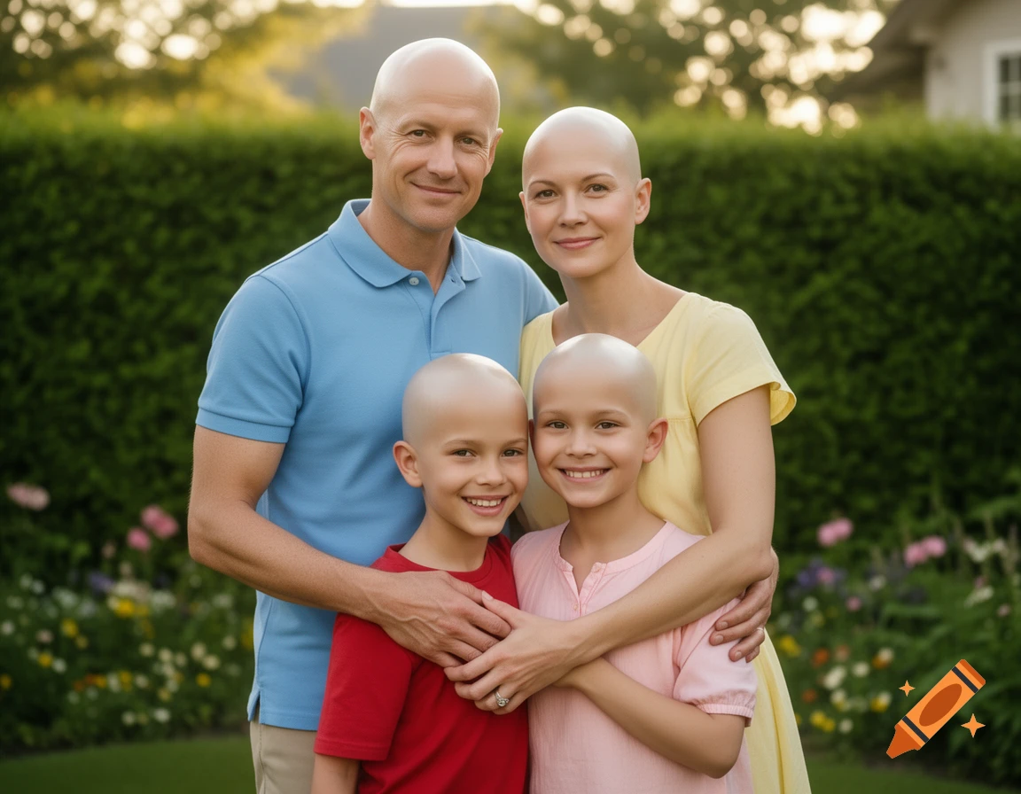 Photorealistic portrait of a smiling bald family with two children, standing in a sunny garden.