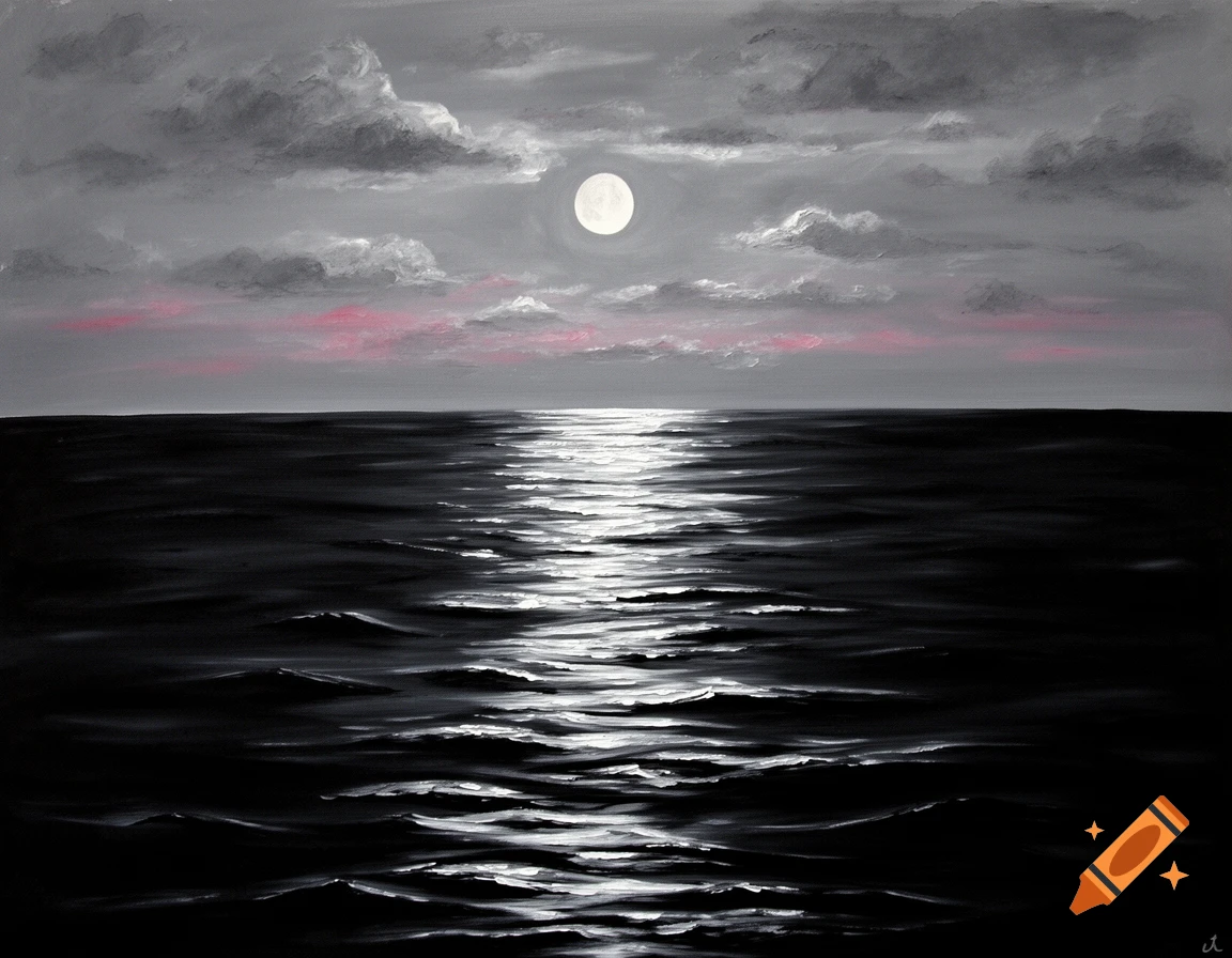 Acrylic painting of a moonlit sea with dark water, silver reflections, gray clouds, and a pink horizon.
