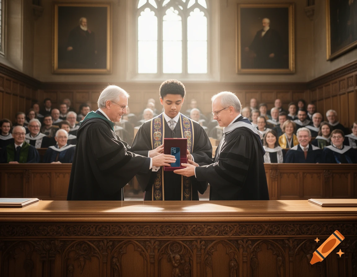 Two professors in academic robes present a smartphone to a young student in a sunlit university hall, with an audience watching.