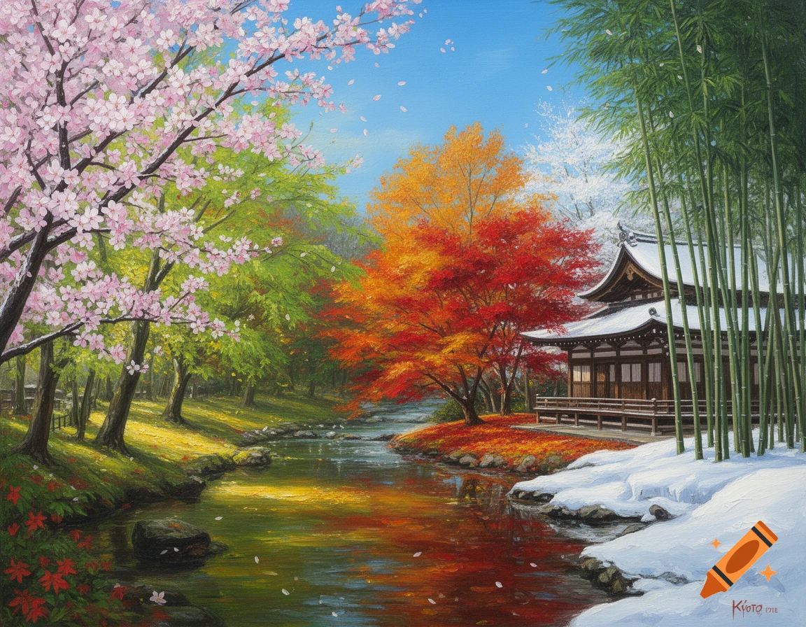 A vibrant painting depicting four seasons in a Japanese landscape with a traditional temple, cherry blossoms, autumn trees, bamboo, snow, and a flowing river.