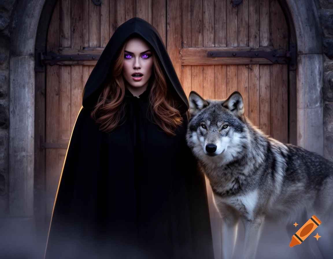 A woman in a black hooded cape with glowing purple eyes stands beside a grey wolf in front of an old wooden door, photorealistic style.