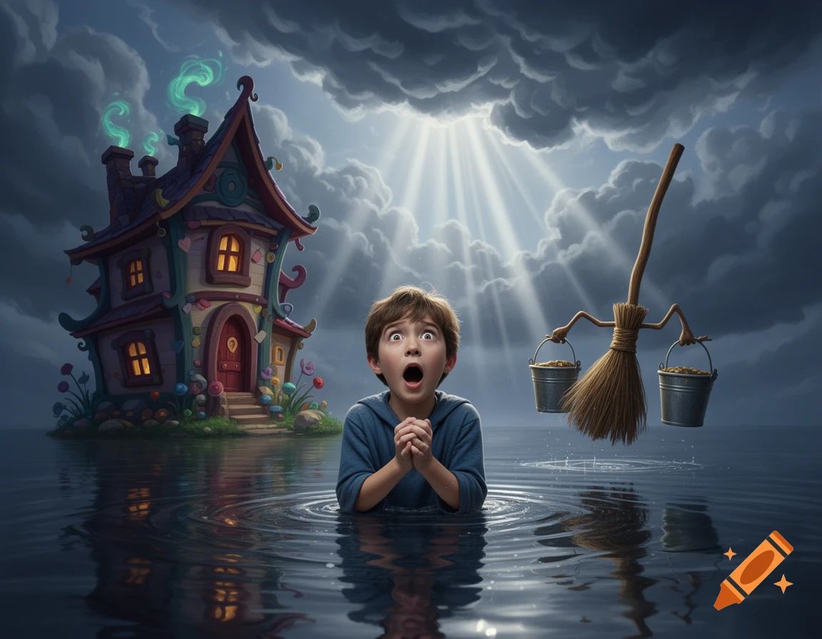 A wide-eyed boy in water, hands clasped in panic, looks towards a whimsical house and a magical broom carrying buckets under a stormy, sunlit sky.