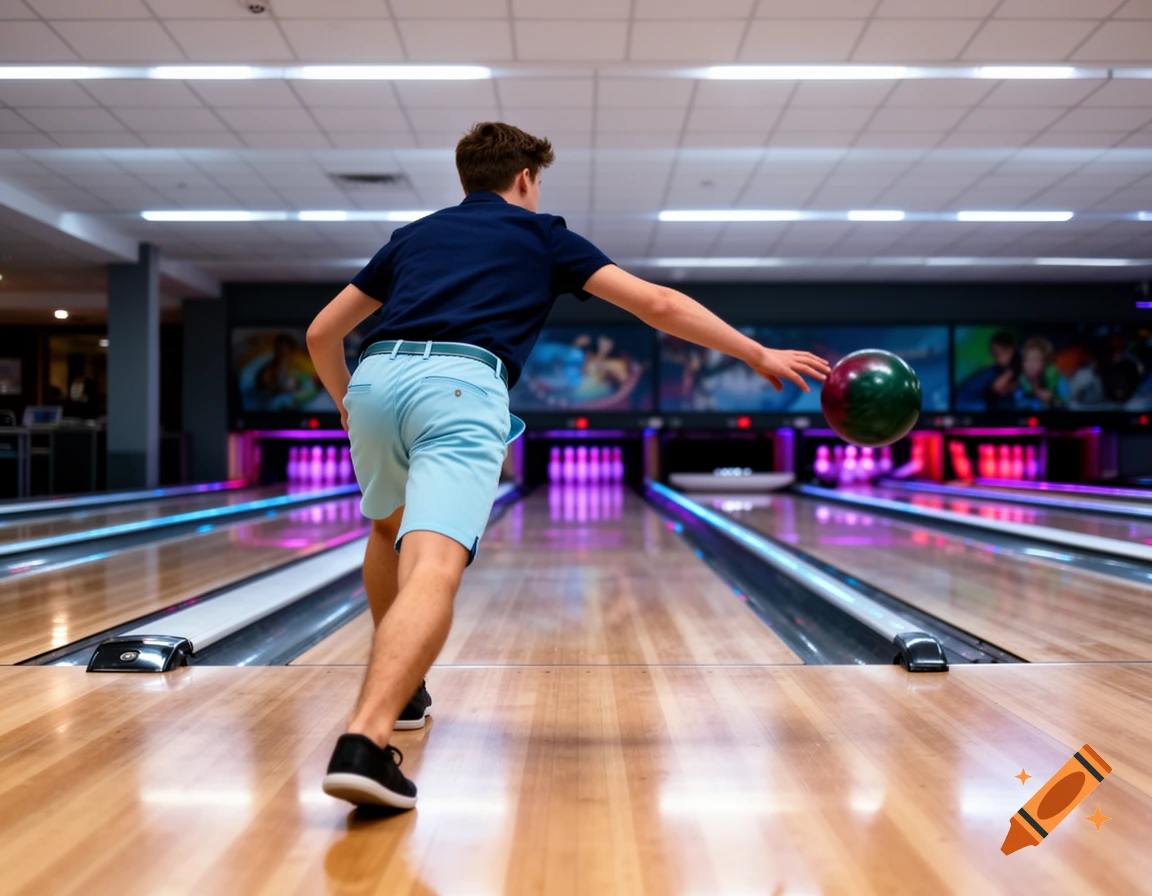 Young man from behind in light blue shorts and dark blue shirt bowls in a brightly lit alley, releasing a ball.