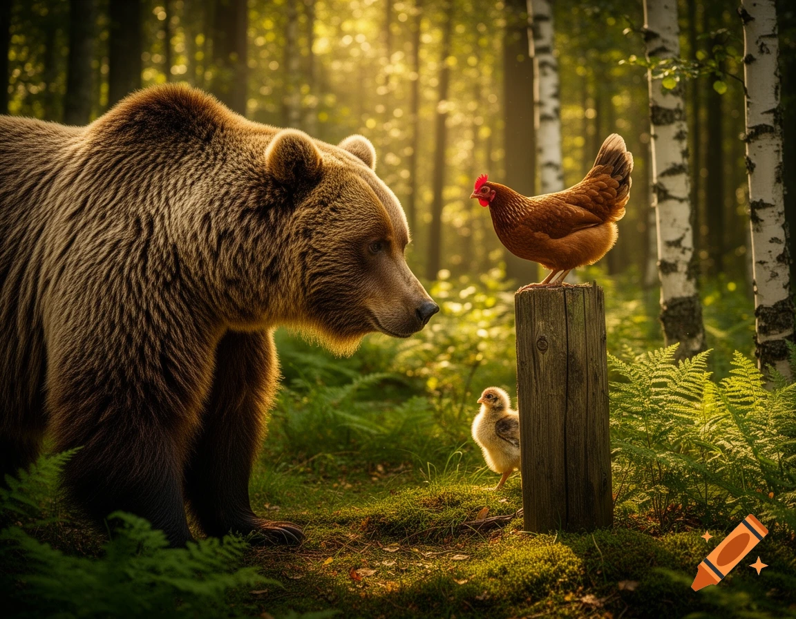 A photorealistic image of a large brown bear looking at a chicken perched on a log in a sunny forest, with a small chick observing nearby.