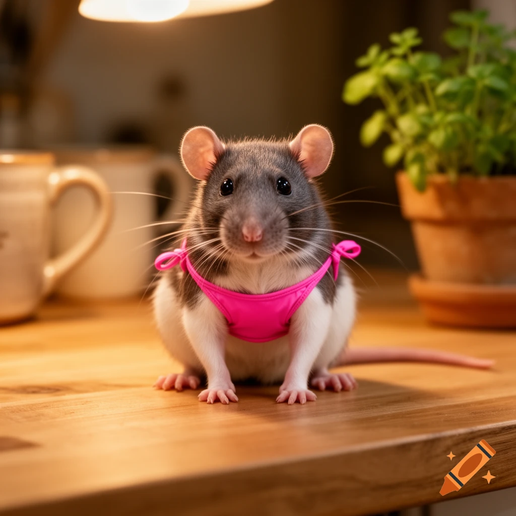 A cute pet rat wearing a pink bikini top sits on a wooden counter with a plant and mugs in the background.