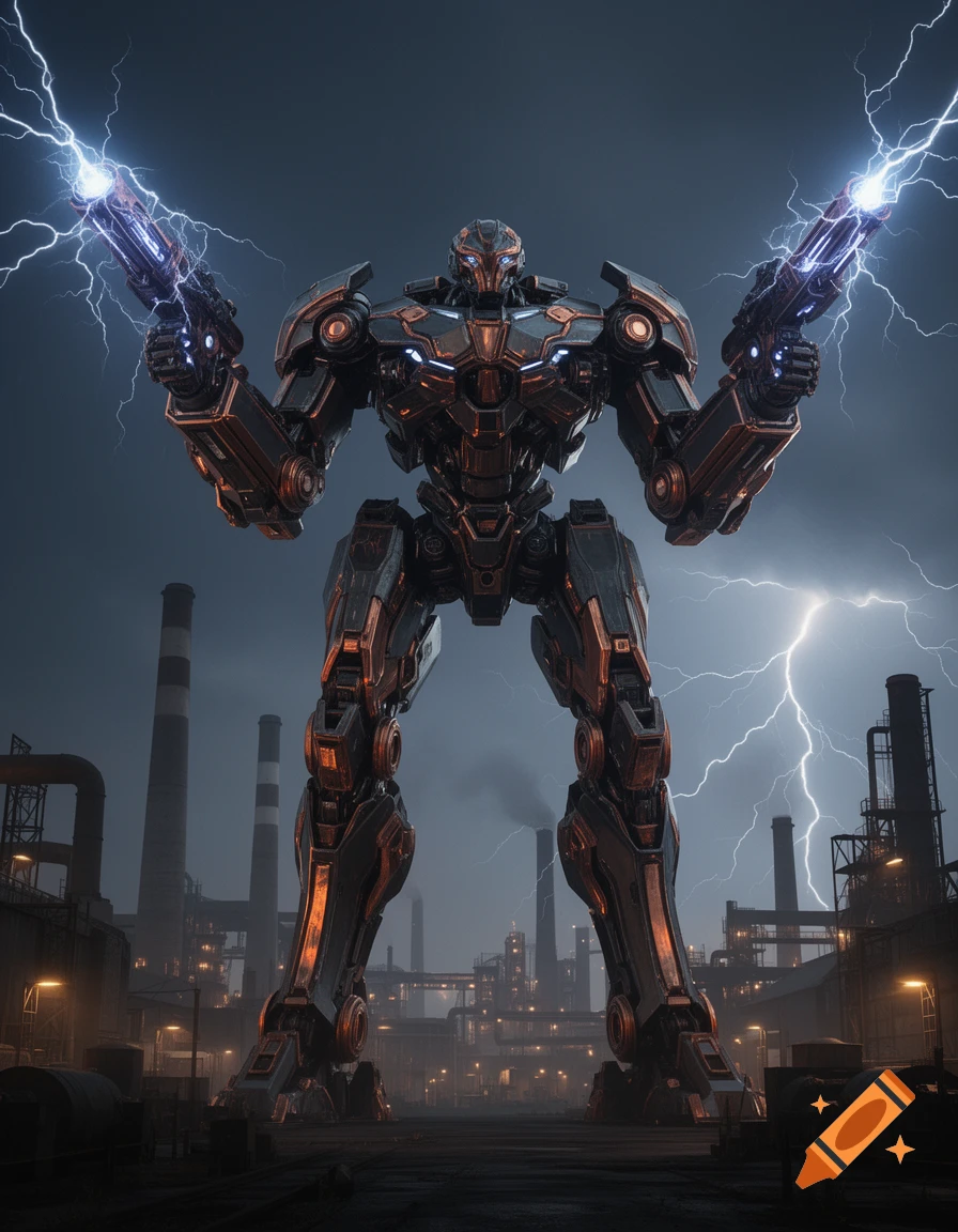 A giant teslapunk mech with lightning guns stands in a sprawling industrial complex under a stormy, lightning-filled sky.