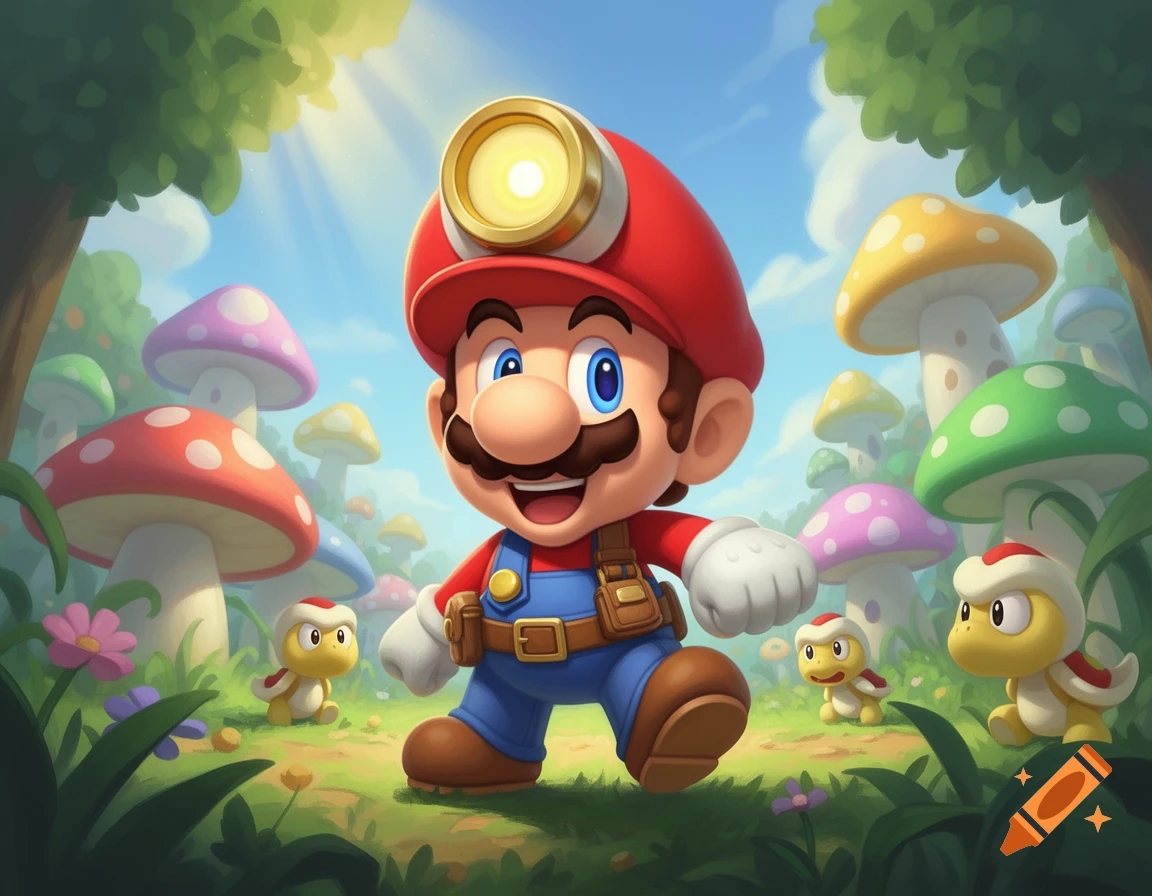 Cartoon Mario with a headlamp walking in a vibrant mushroom forest with small turtle-like creatures.