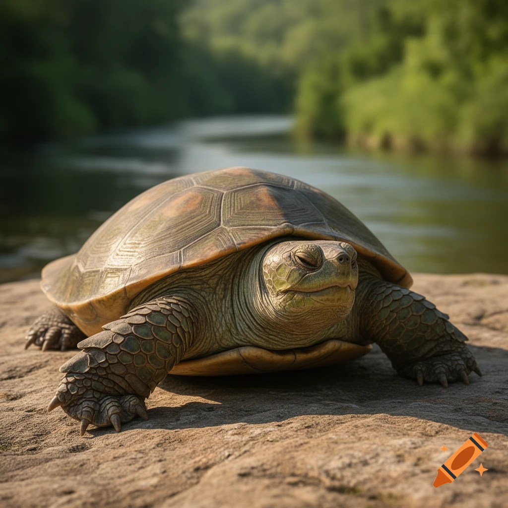 A photorealistic turtle rests on a rock by a river, with lush green trees in the background.
