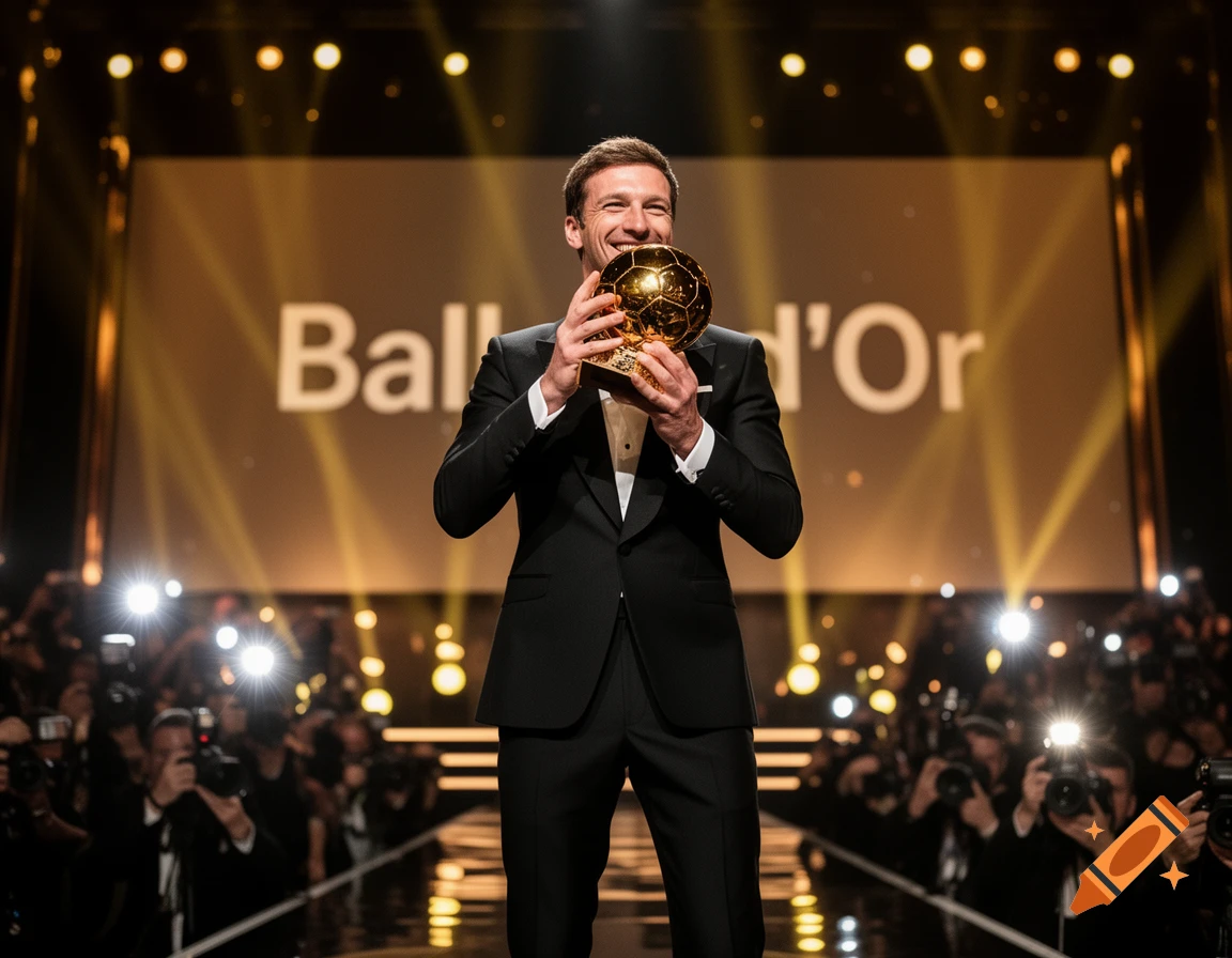 Thomas Müller in a suit smiles, holding the golden Ballon d'Or trophy on a brightly lit stage with photographers.