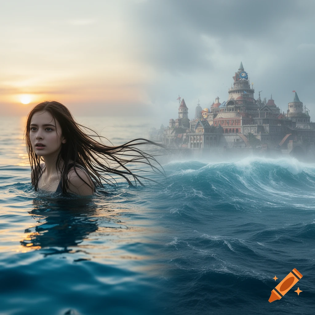 A young woman with long dark hair emerges from the water at sunset, looking towards a distant fantastical castle in stormy seas.