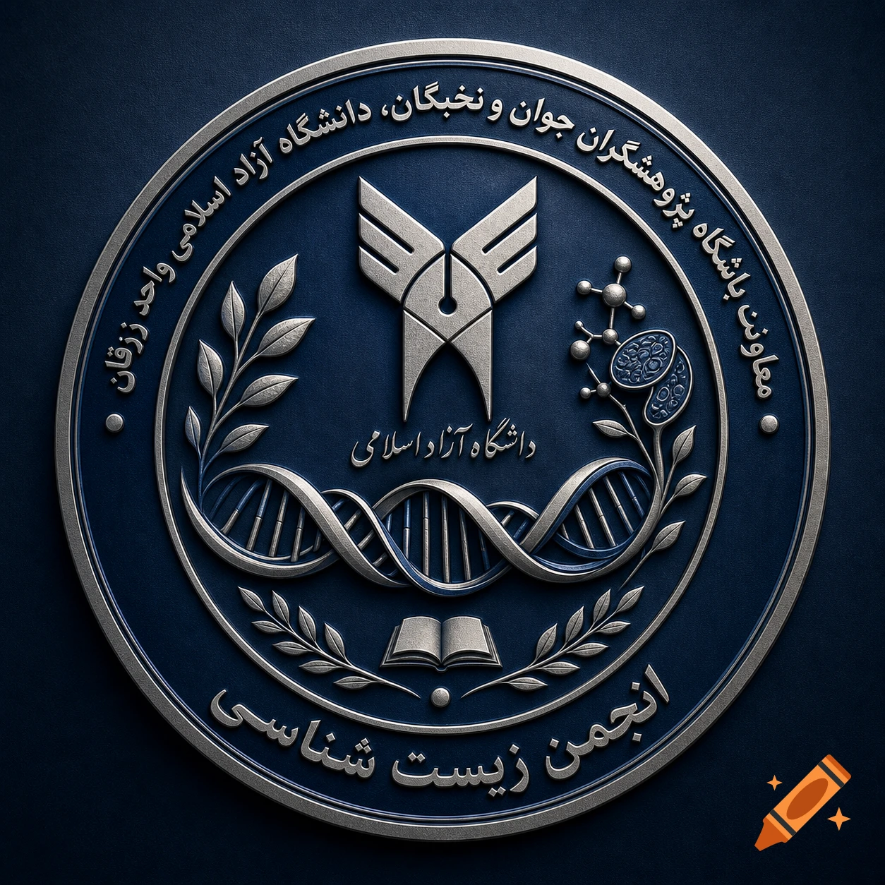 An embossed silver and blue circular emblem on a dark blue textured background, featuring Persian text, a stylized university logo, a DNA helix, and a molecule.