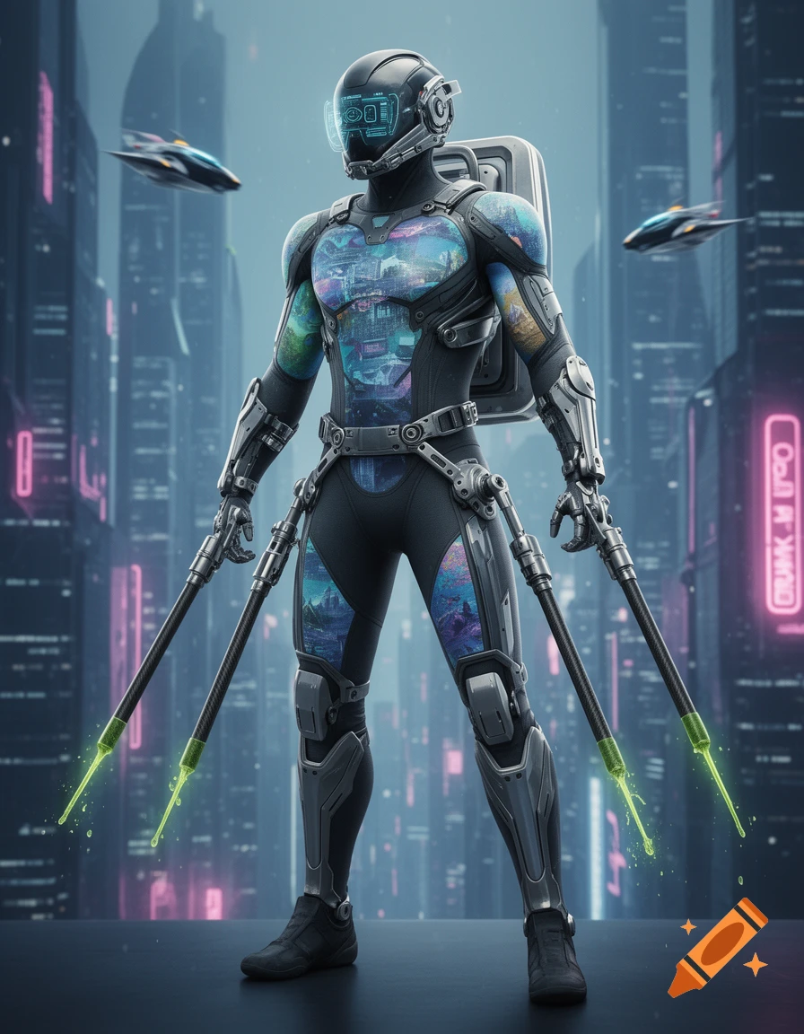 A person in a futuristic armored suit with glowing staff weapons stands in a neon-lit cyberpunk city.