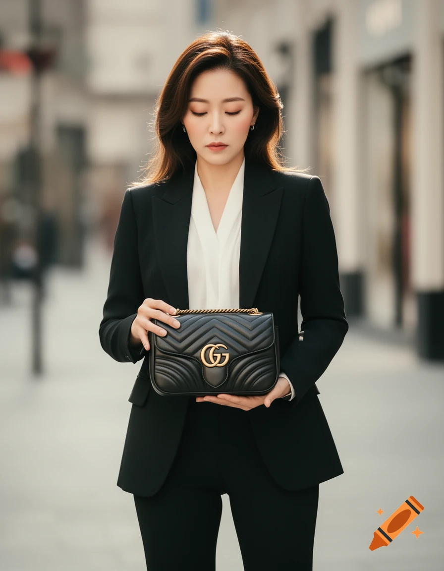 An elegant woman in a black suit holds a luxury black Gucci GG handbag, looking down, in a photorealistic style.