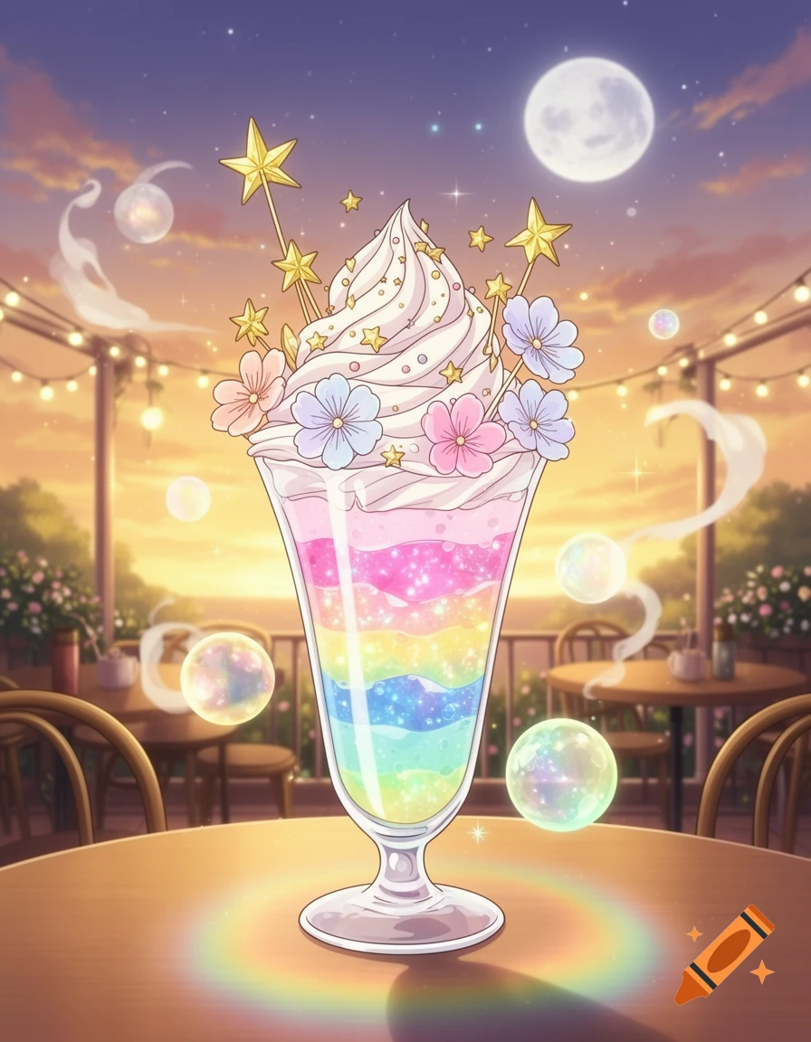 A whimsical, cartoon-style rainbow layered dessert with whipped cream, flowers, and stars in a glass, against a fantasy sunset sky with a full moon.