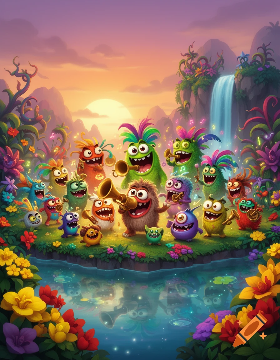 Colorful, cartoon monsters play brass instruments and drums in a vibrant fantasy landscape with a waterfall, lush plants, and a pond at sunset.
