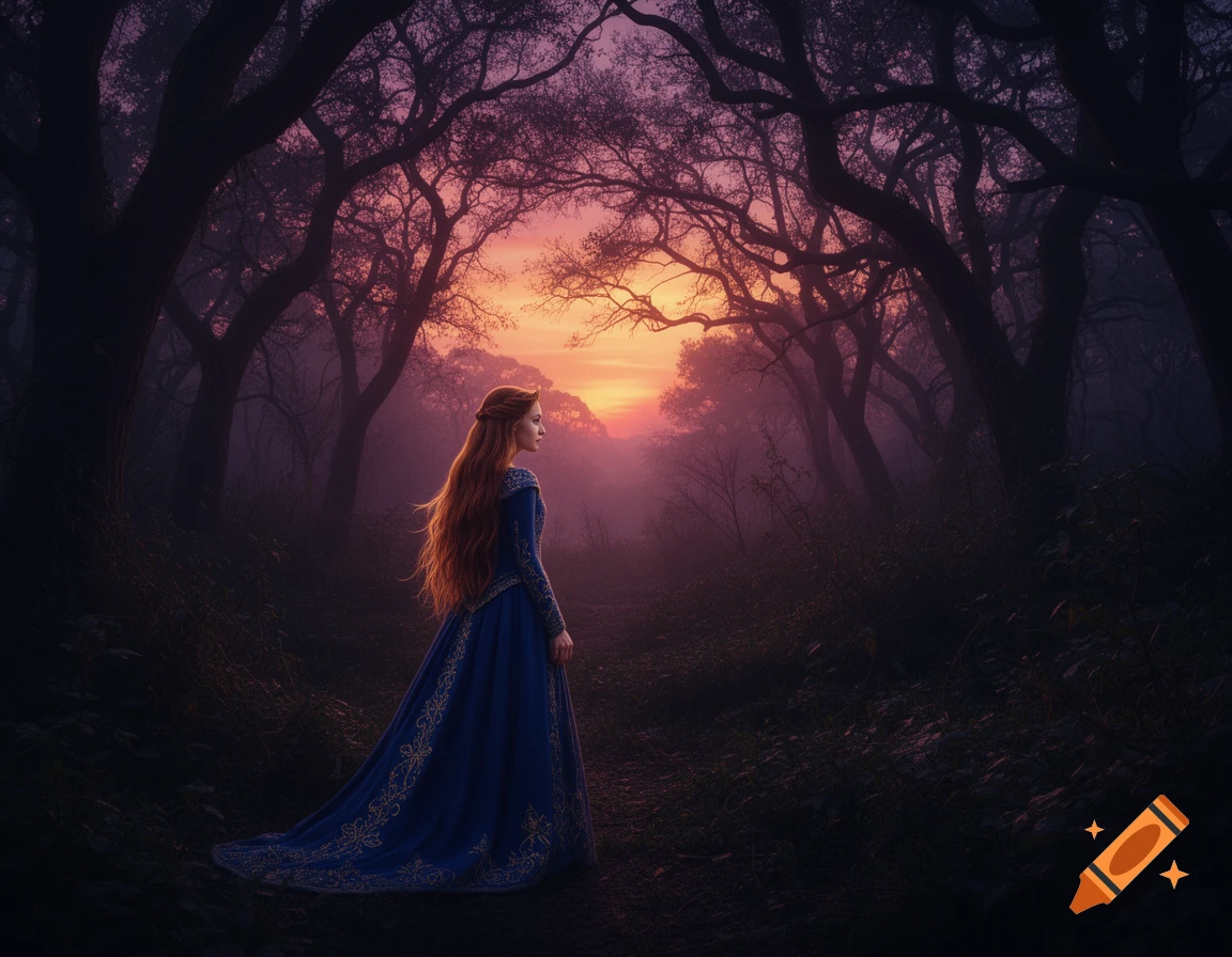 A red-haired princess in a blue gown stands in a dark, misty forest, illuminated by a vibrant sunset.