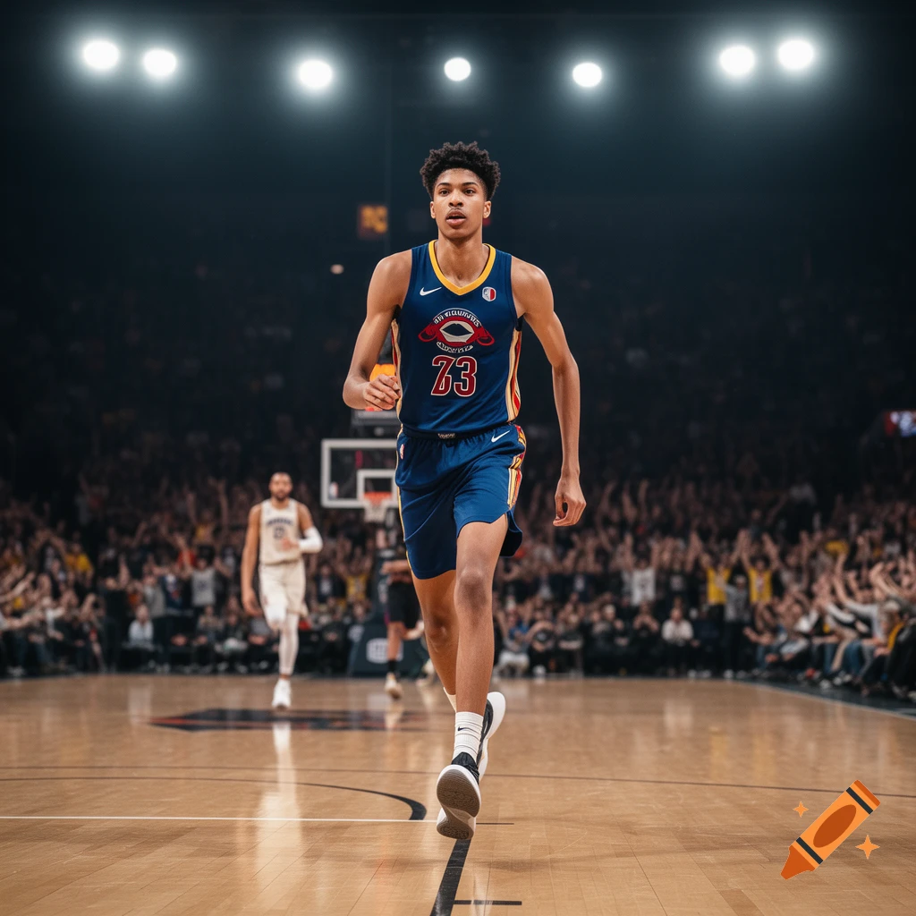 A tall basketball player in a dark blue and red jersey with number 73 runs down the court with a crowd in the background.