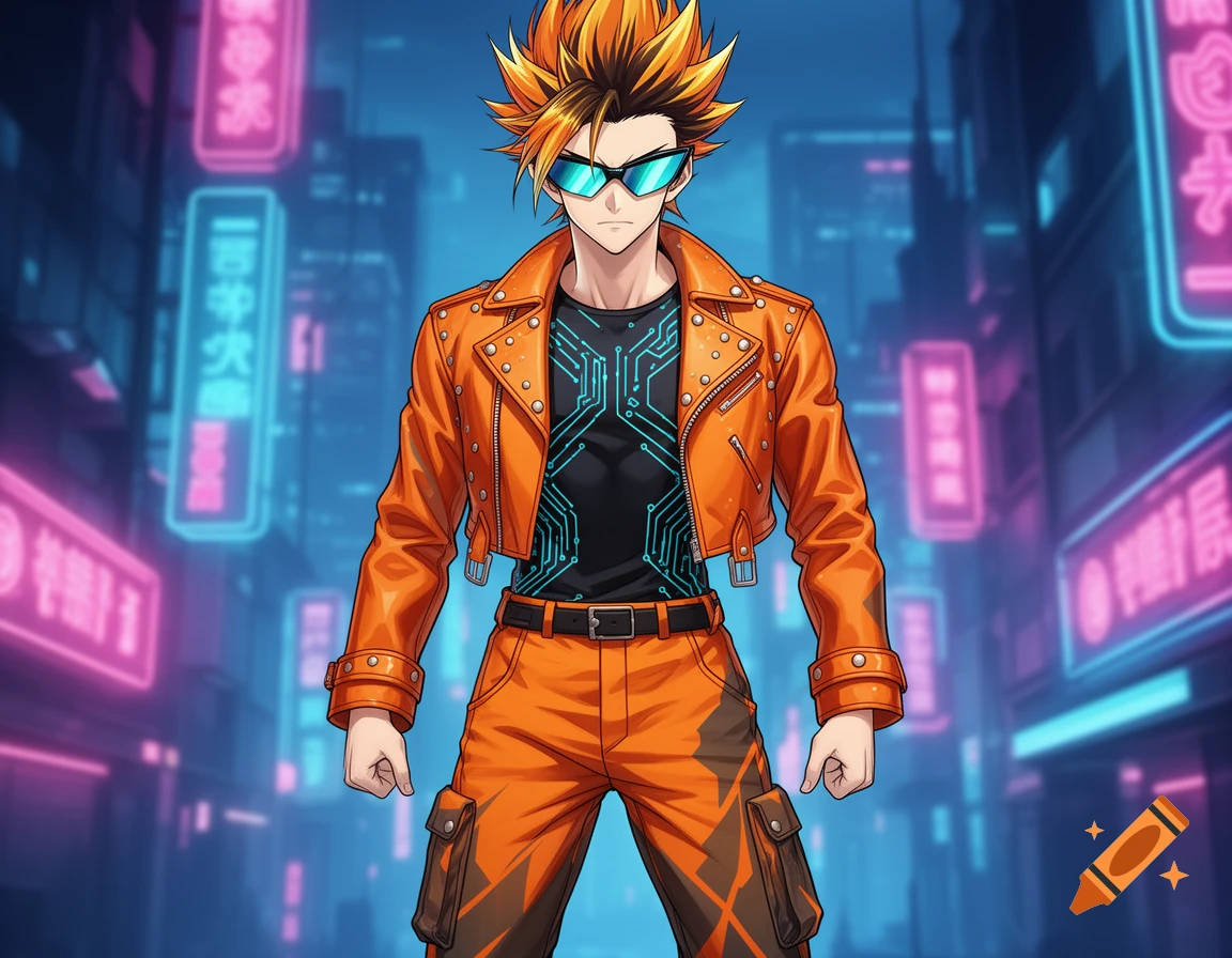 A vibrant anime character with spiky orange hair, blue sunglasses, and an orange studded jacket stands in a neon-lit city street.