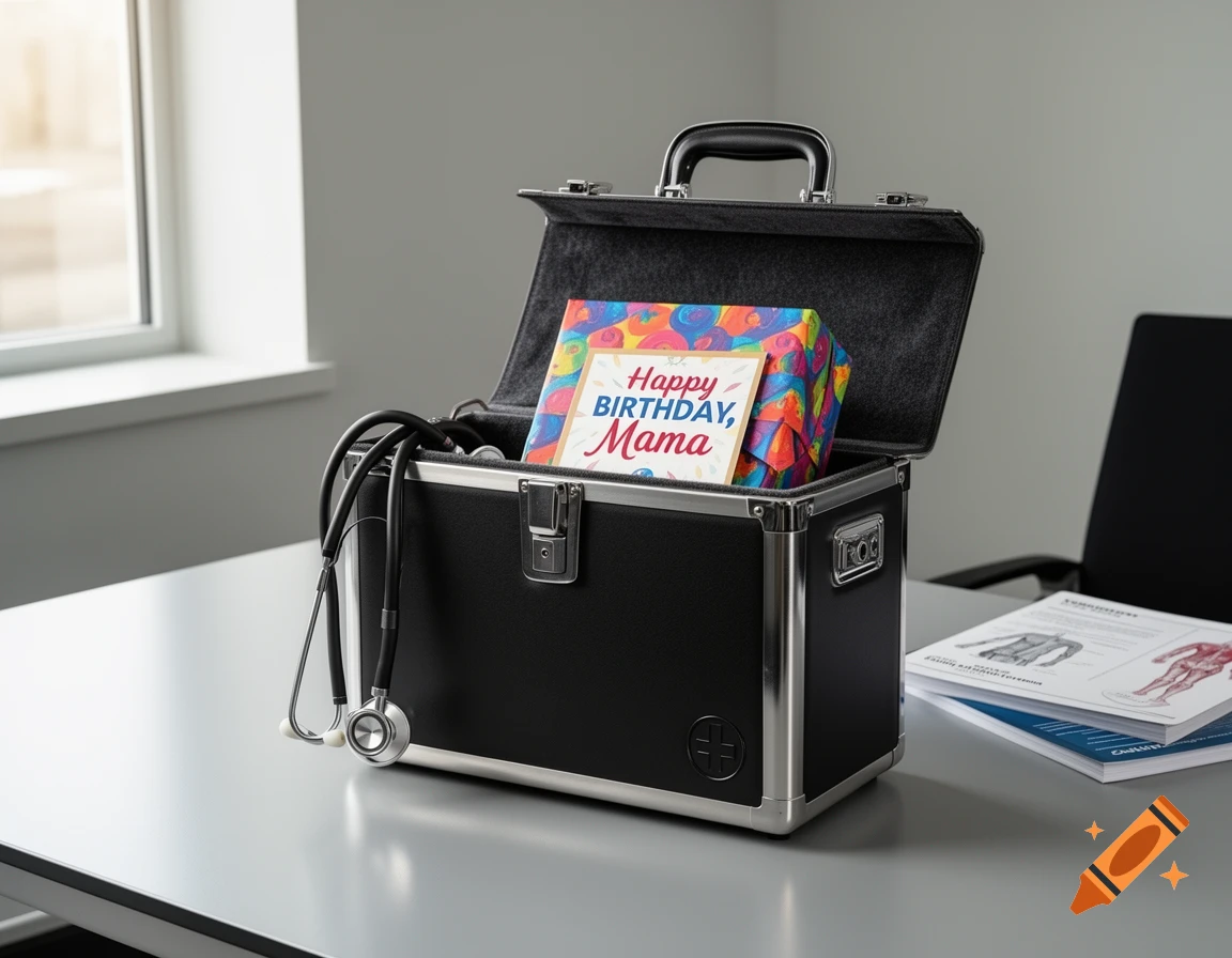 An open black doctor's briefcase on a table, holding a colorful gift and a 'Happy Birthday, Mama' card. A stethoscope hangs from it.