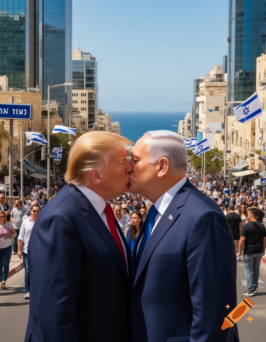 Photorealistic image of Donald Trump and Benjamin Netanyahu kissing on a bustling street in Tel Aviv, with Israeli flags and city buildings.