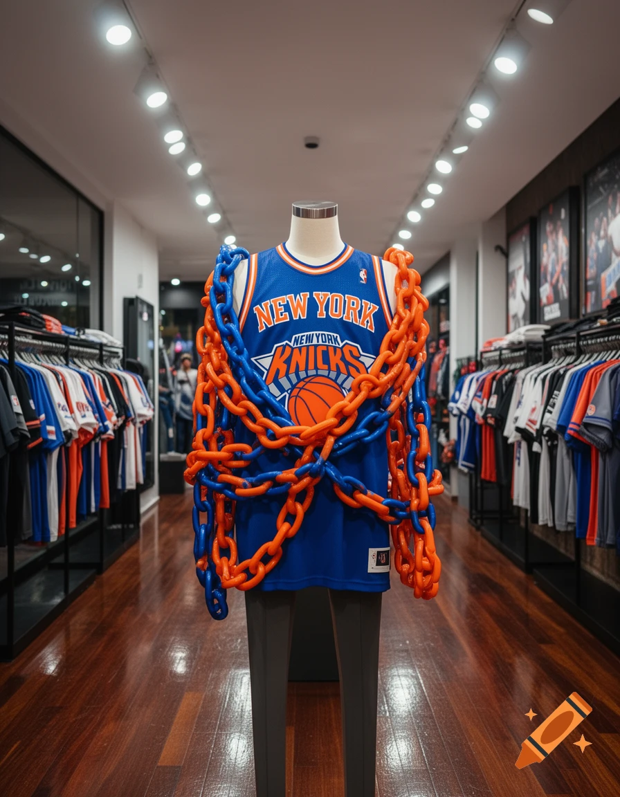 A mannequin in a blue New York Knicks jersey, draped with orange and blue plastic chains, stands in a brightly lit clothing store.