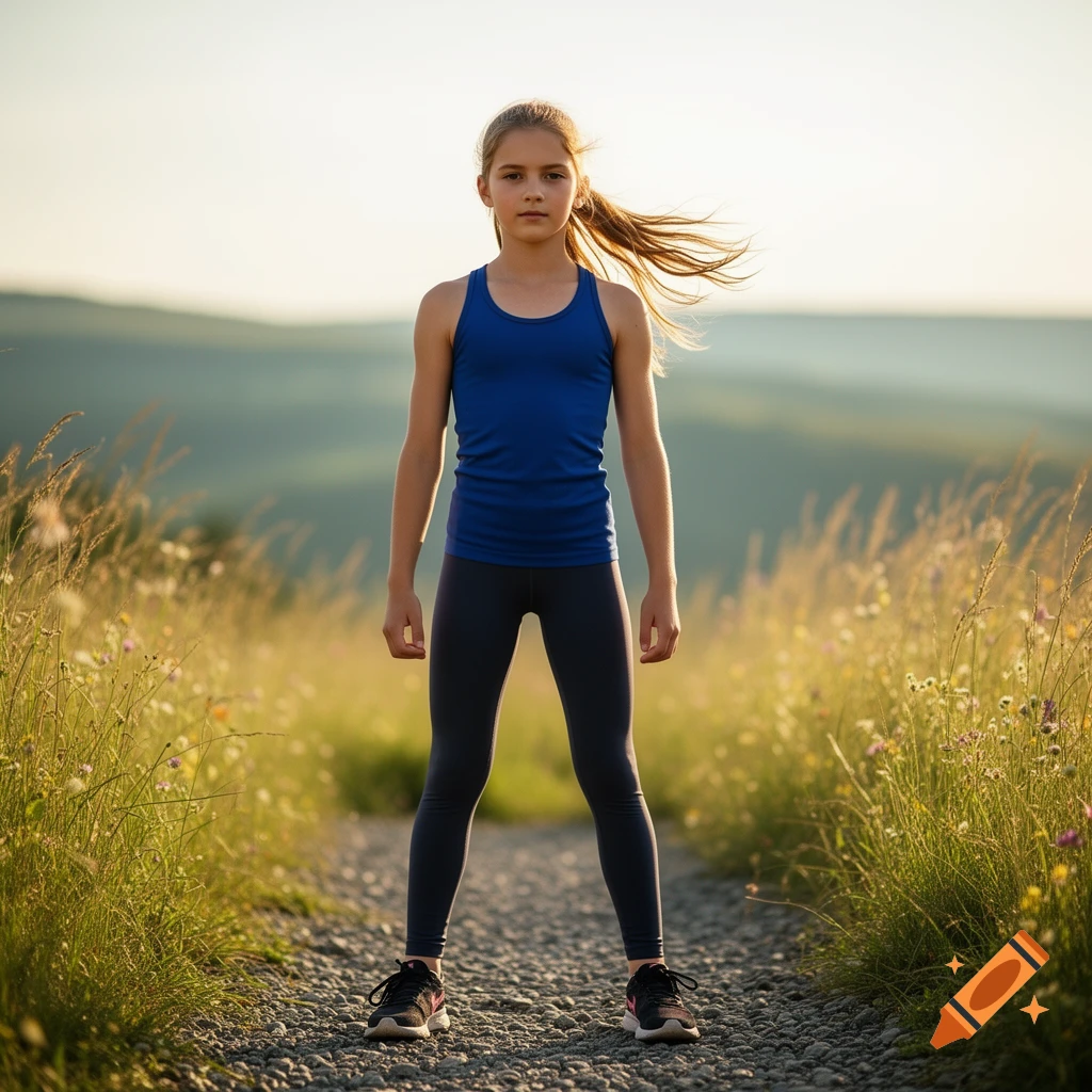 A young girl stands confidently on a gravel path amidst tall grass and hills, wearing a blue tank top and dark leggings, with her hair blowing in the wind.
