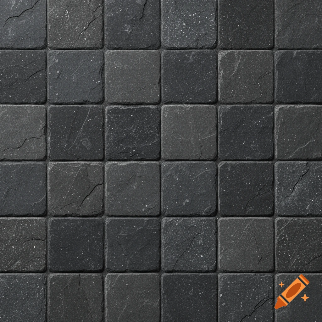A seamless pattern of dark gray, rough-textured square stone tiles.