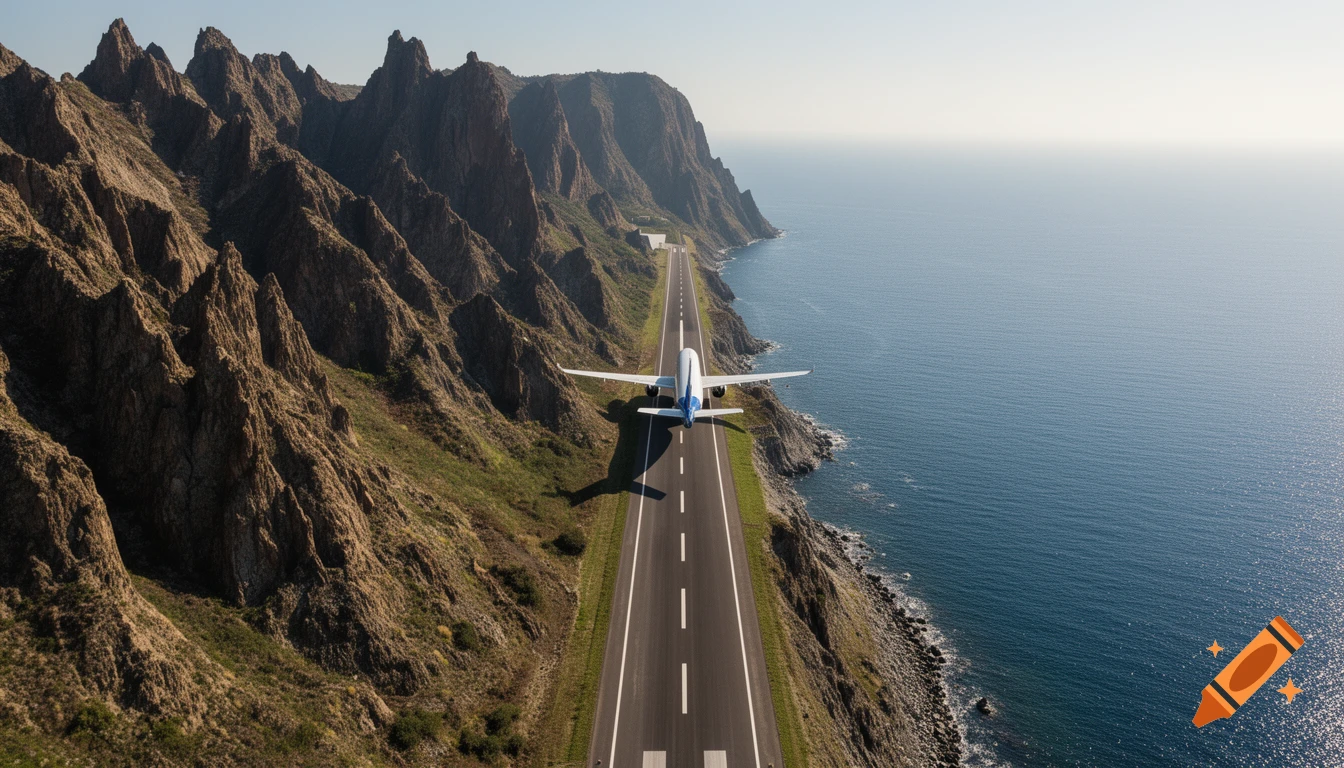 An aerial view of a large white airplane on a narrow runway built into a steep mountain cliff, with the vast blue ocean stretching to the horizon on the right.