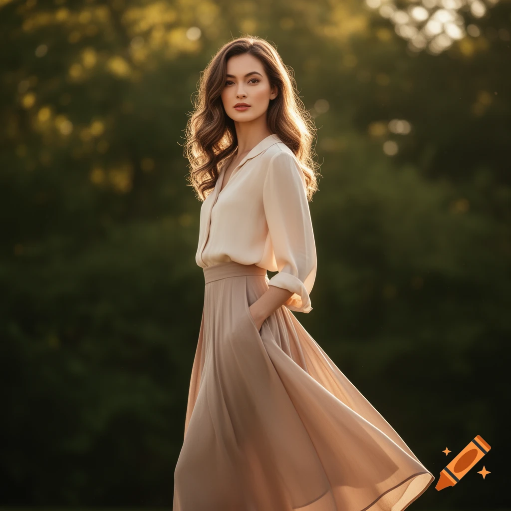 A photorealistic portrait of a young woman with wavy brown hair, wearing a beige blouse and flowing skirt, standing outdoors with dappled sunlight.