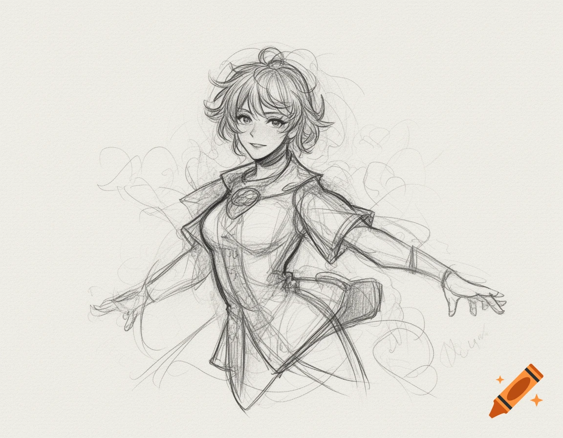A grayscale pencil sketch of an anime-style woman with short, curly hair and a tunic, smiling with arms outstretched.
