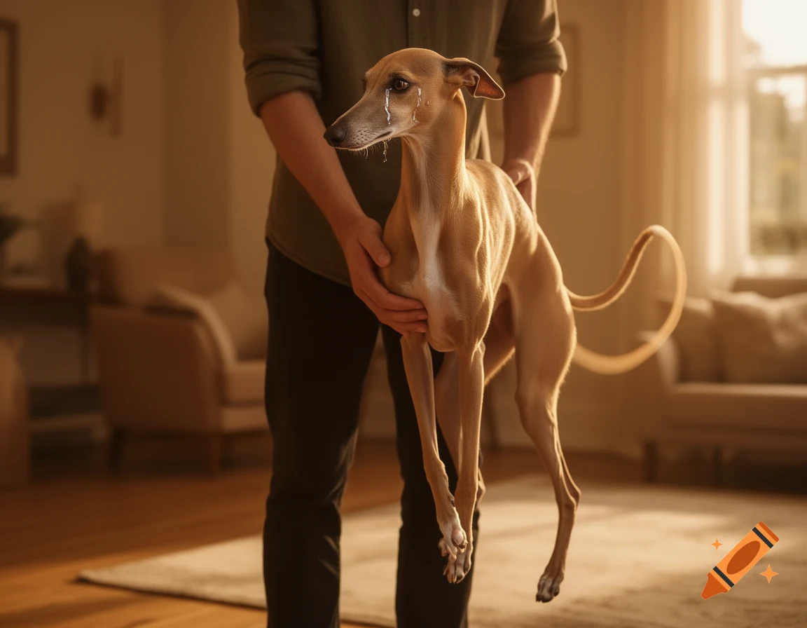 A man holds an Italian greyhound with tears streaming from its eyes, in a warm, indoor setting.