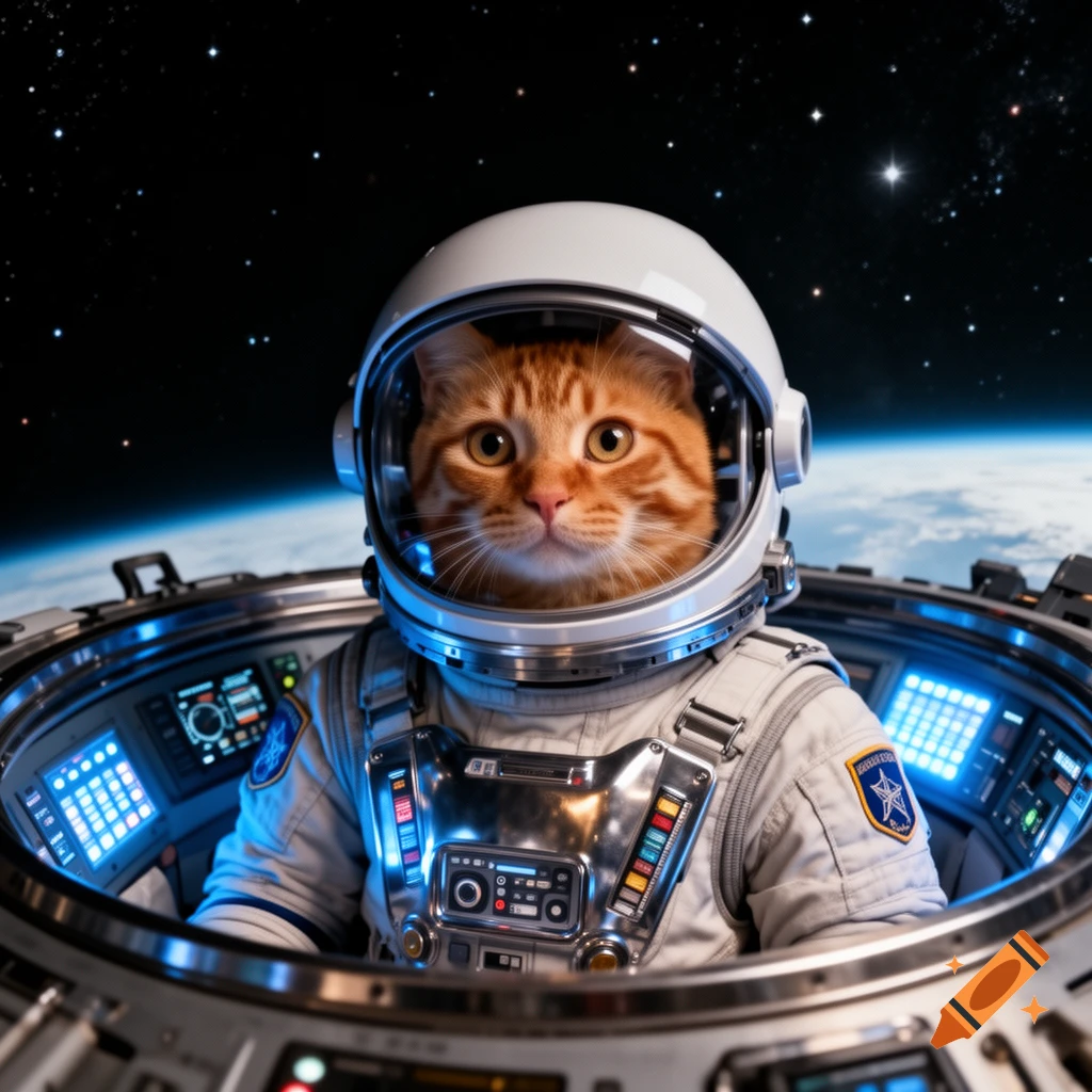 An orange tabby cat in a white astronaut suit and helmet, inside a spaceship cockpit, looking out at Earth and space.