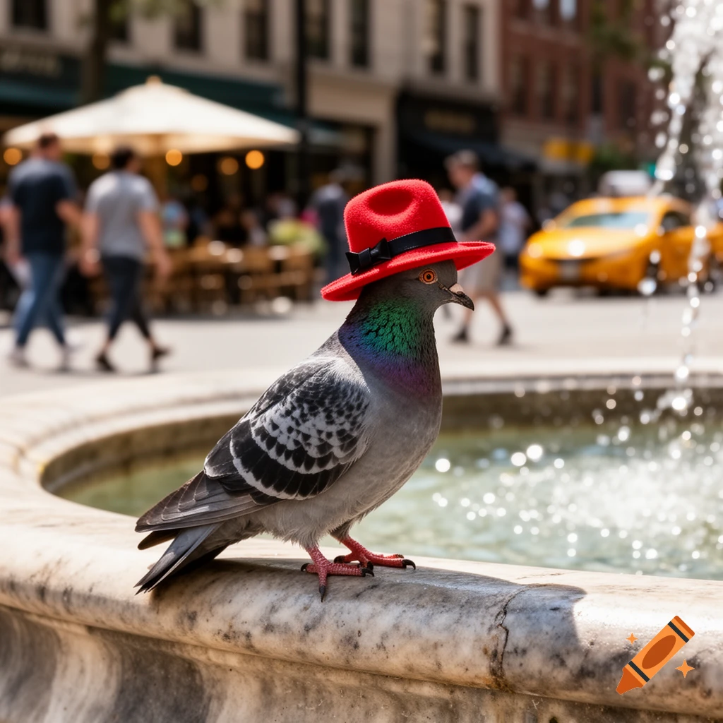 Photorealistic pigeon wearing a red fedora hat with a black band, sitting on a marble fountain in a bustling city street.