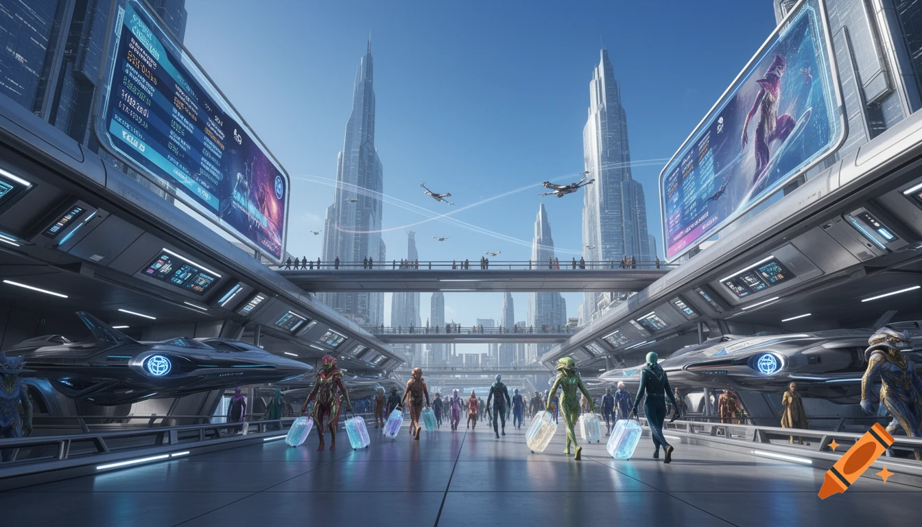 A bustling futuristic spaceport with tall skyscrapers, flying vehicles, and diverse alien travelers carrying glowing luggage.