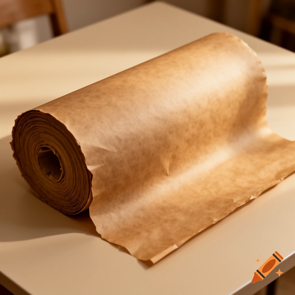 A large roll of brown parchment paper sits on a light beige table, illuminated by warm sunlight.