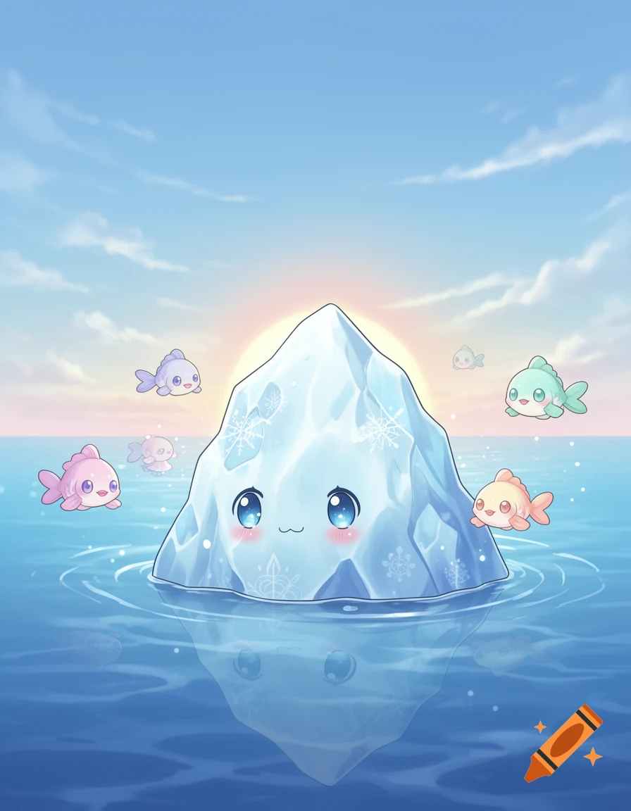 A cute, smiling chibi iceberg with big blue eyes and rosy cheeks floats in the ocean, surrounded by adorable cartoon fish under a sunny sky.
