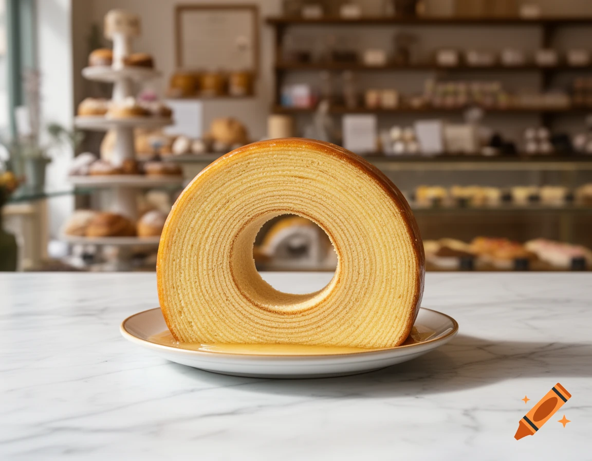 A sliced Baumkuchen cake with syrup on a white plate on a marble counter in a blurred bakery.