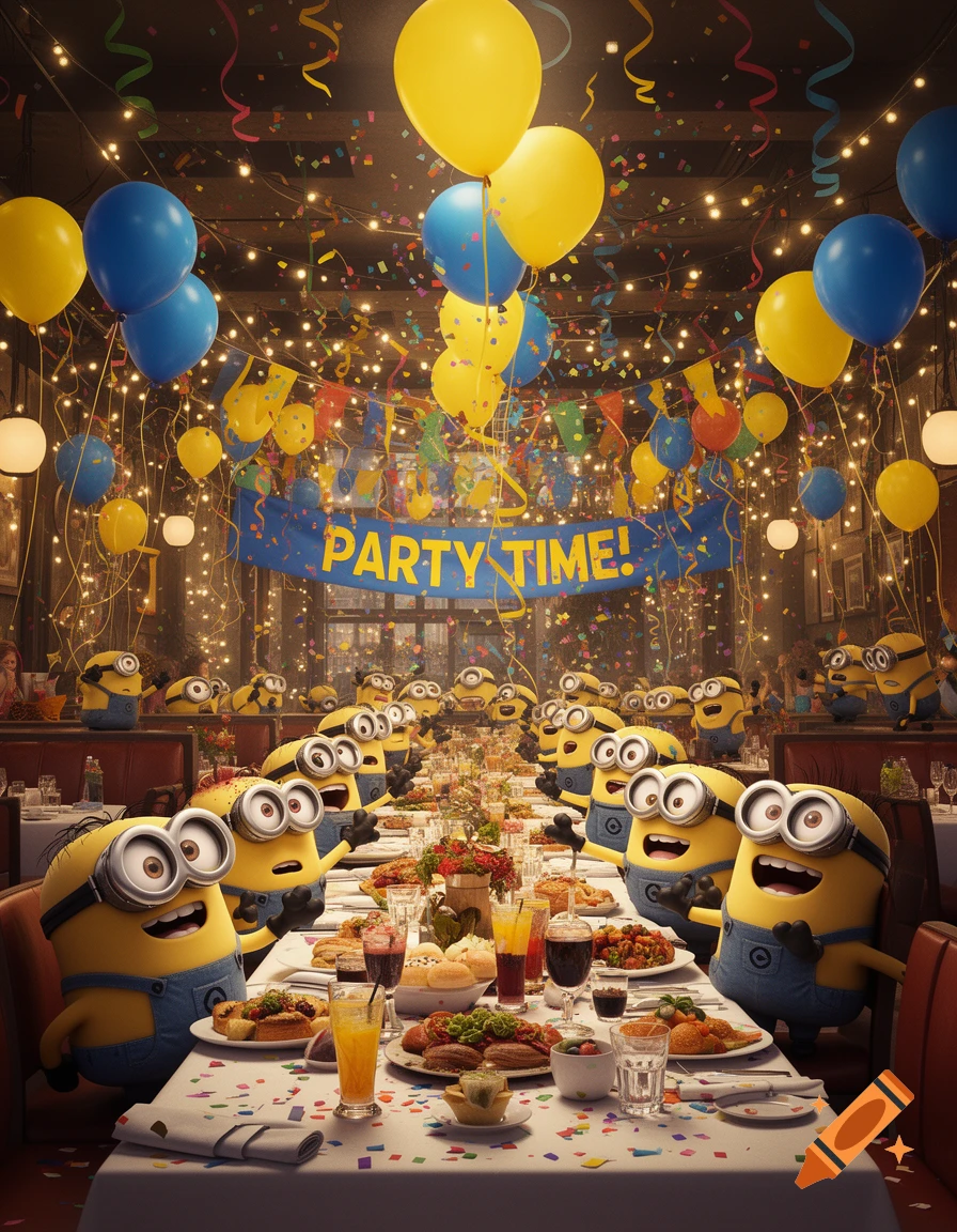 Minions celebrate in a lively restaurant decorated with balloons, confetti, and a 'PARTY TIME!' banner. Photorealistic.