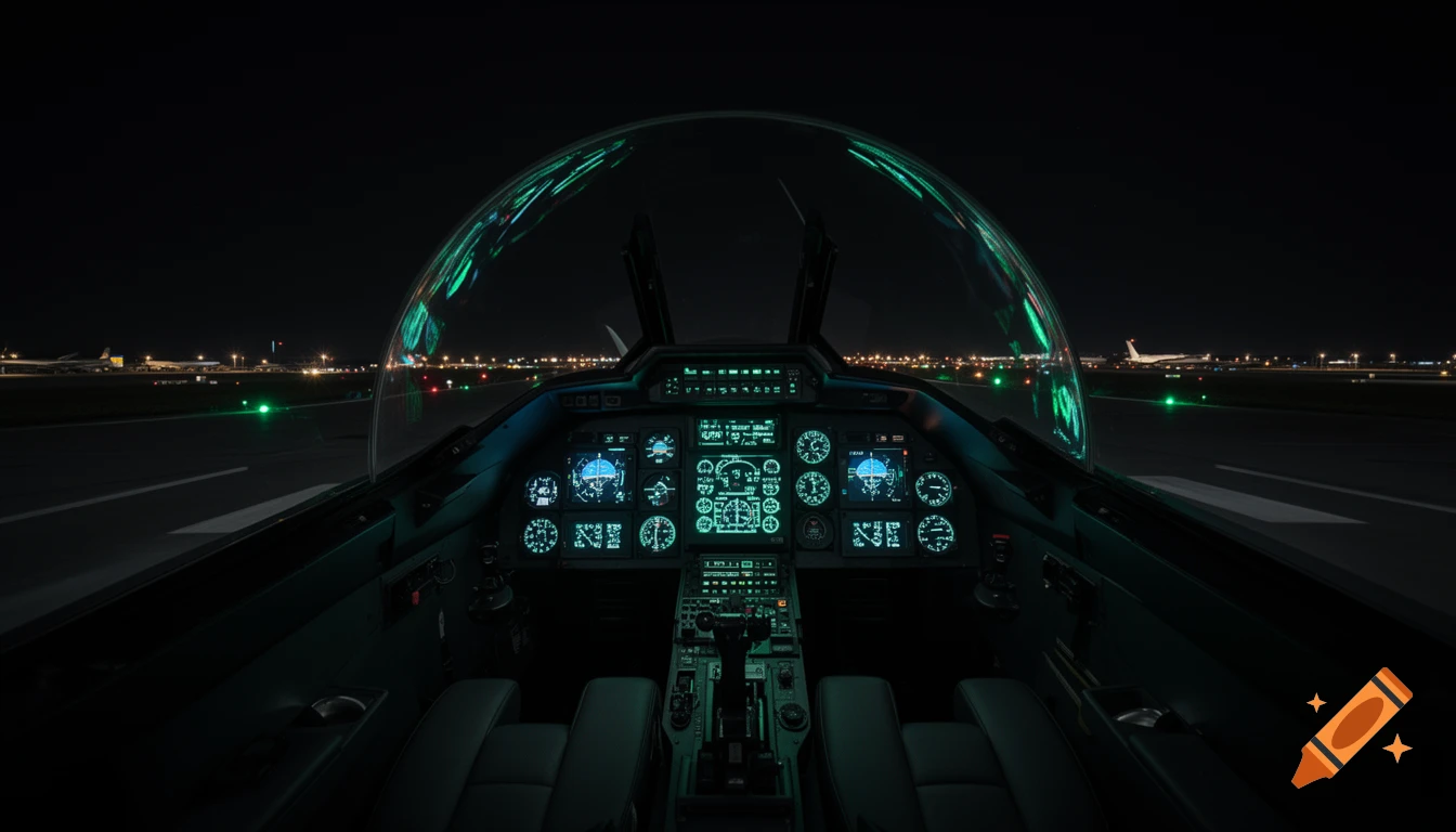 Sleek, futuristic military fighter jet cockpit at night with neon green and blue lights, looking out onto a dark runway.