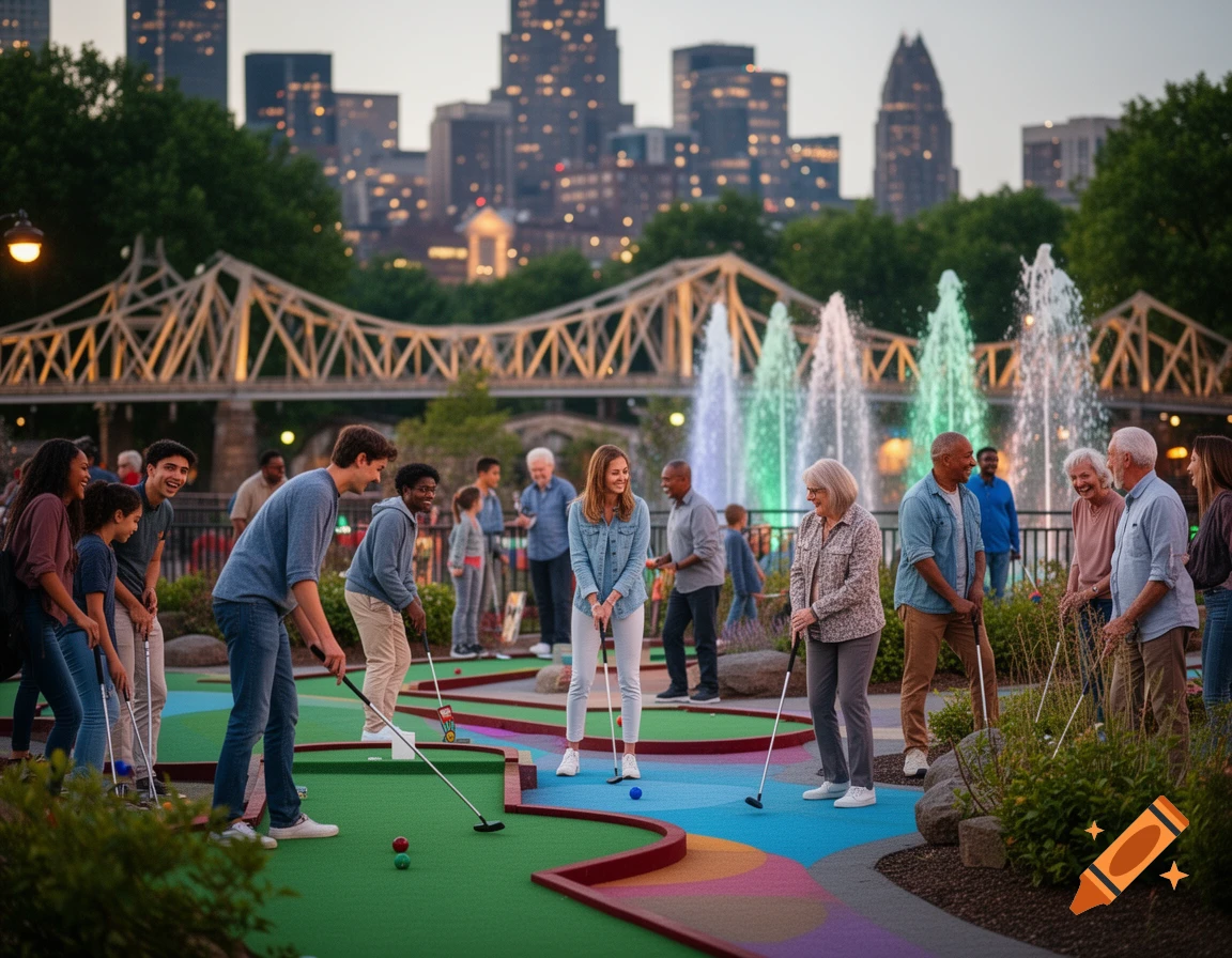 Diverse people of all ages play mini golf outdoors at dusk, with a city skyline, bridge, and colorful fountains in the background.