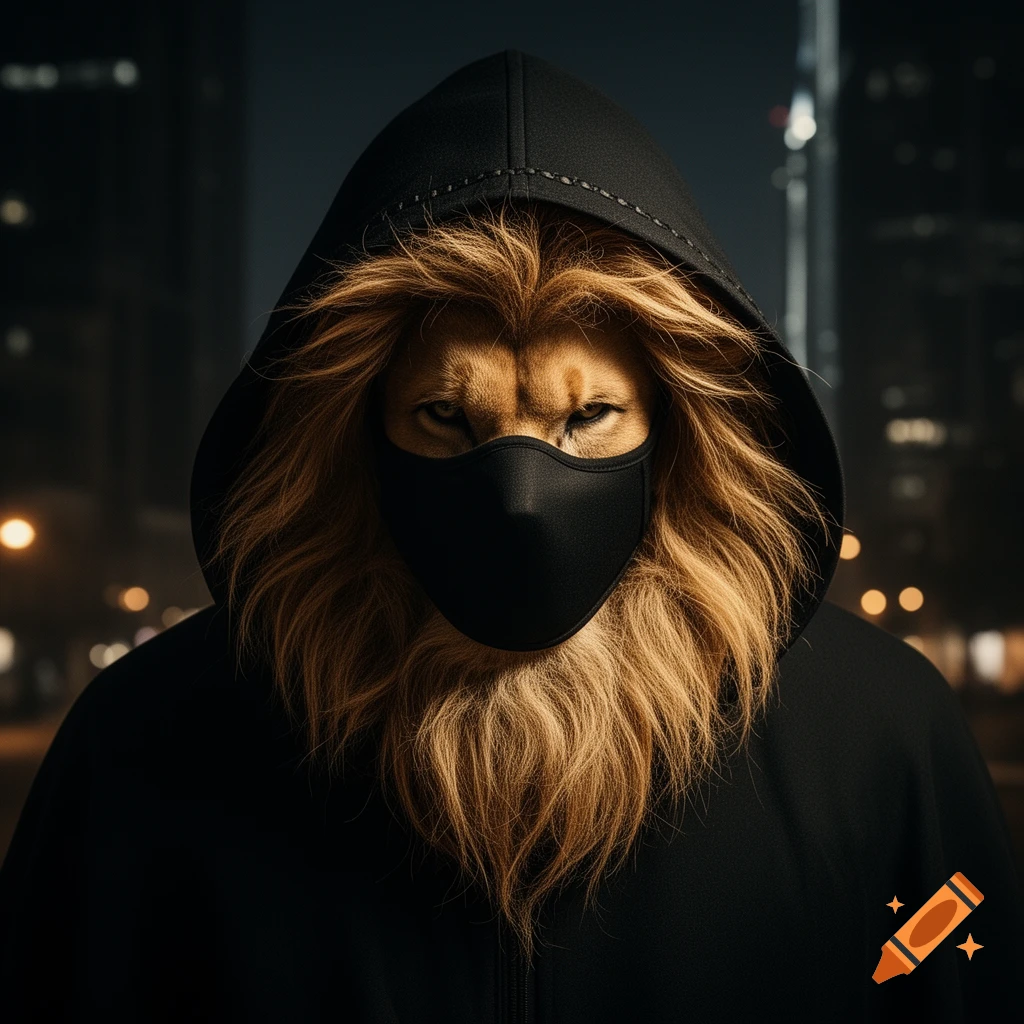 Close-up of a masked lion in a black hoodie, with a flowing mane, against a blurred urban night background.