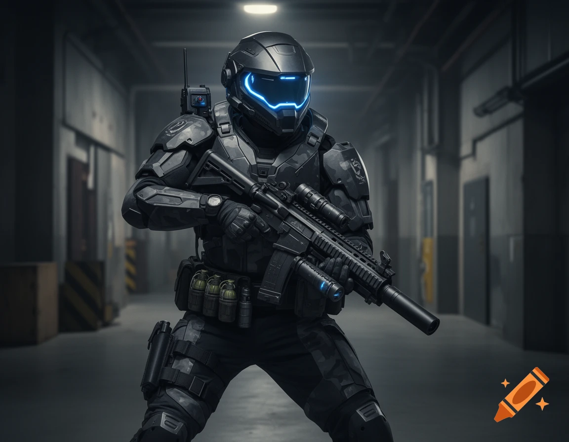 A futuristic elite guard in black tactical armor with a glowing blue visor, holding an assault rifle in a dimly lit hallway.