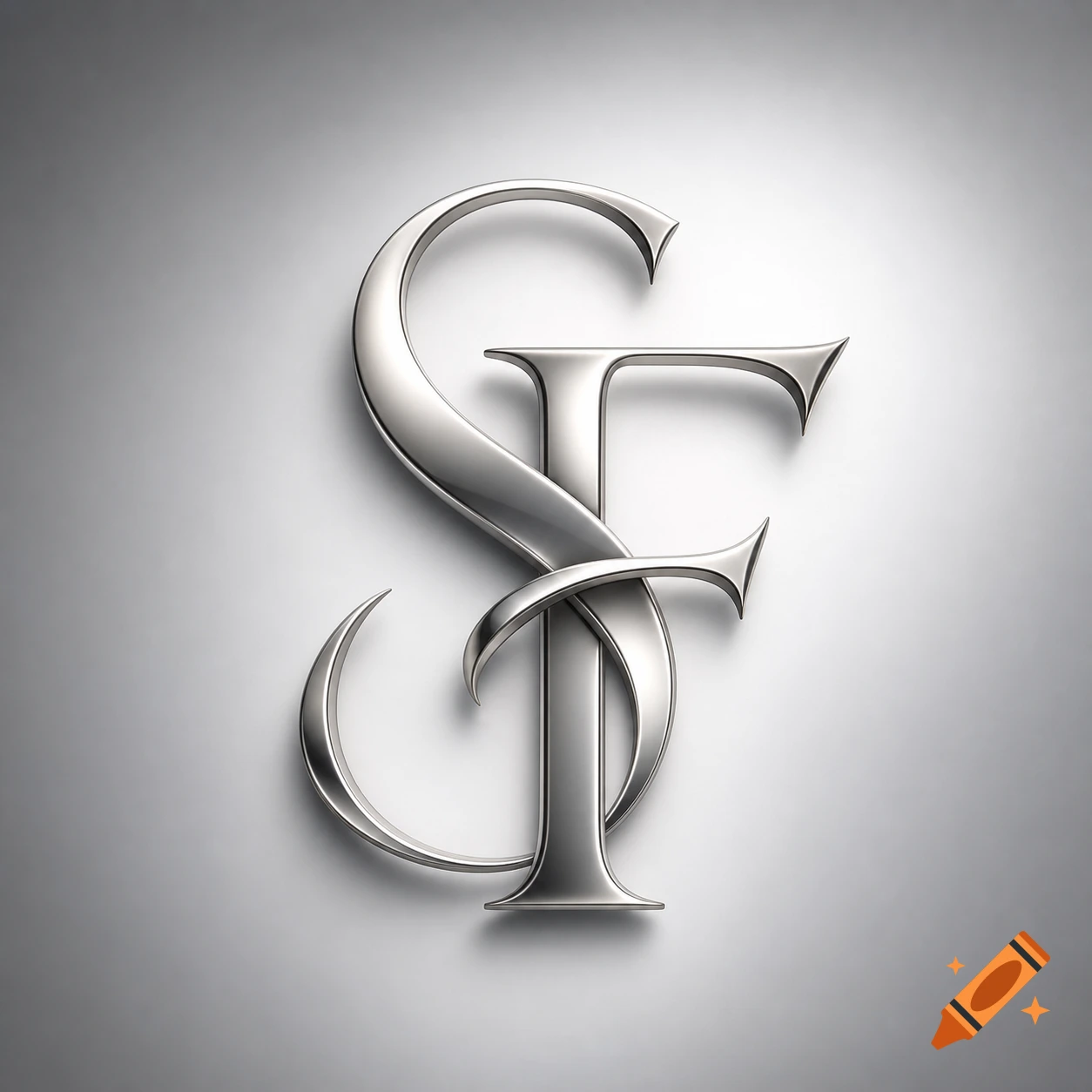 A sleek, silver 3D logo featuring intertwined initials 'S' and 'F' on a light gray background.