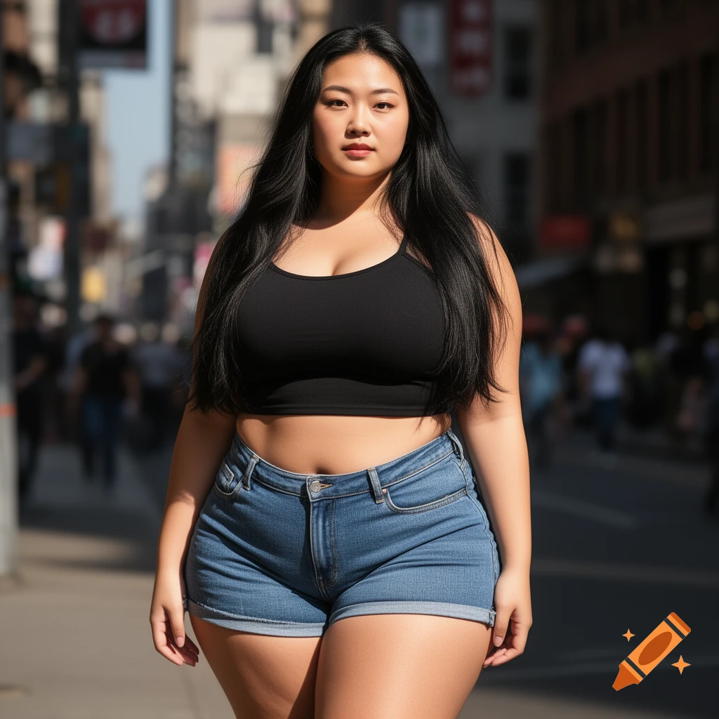A curvy young woman with long dark hair wears a black crop top and denim shorts, standing on a sunny city street.