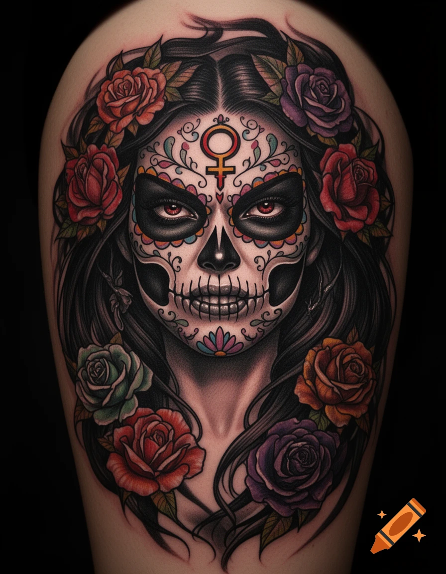 A vibrant tattoo of a woman with intricate La Catrina skull face paint, long dark hair, and a crown of colorful roses.