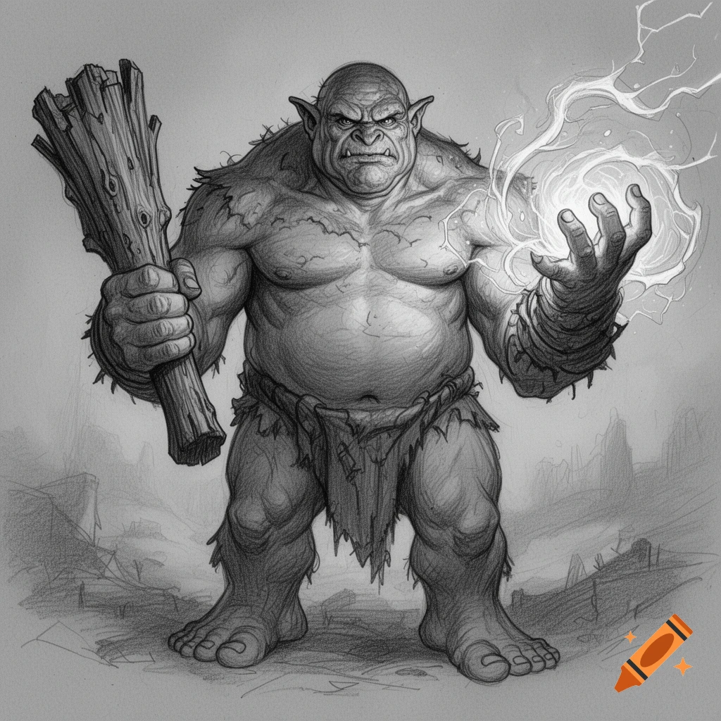 Pencil sketch of an angry ogre holding a wooden club and conjuring magic with the other hand.