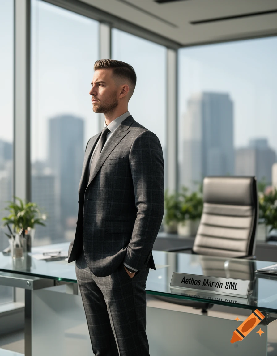 A man in a gray plaid suit stands in a modern office with city views, looking out a large window.